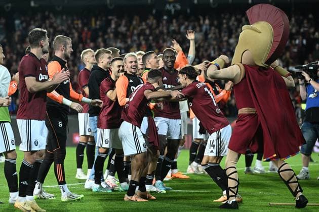 Sparta Praha v Dinamo Zagreb - UEFA Europa League Play Off Round: Second Leg Players of Sparta Praha celebrates the win during the UEFA Europa League Play Off Round Second Leg match between Sparta Praha and Dinamo Zagreb at Letna Stadium on August 31, 2023 in Prague, Czech Republic. MarkoxLukunic PIXSELL