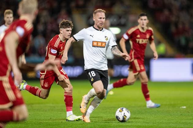 230831 Häckens Mikkel Rygaard Jensen during the UEFA Europa League play-off between Aberdeen and Häcken on August 31, 2023 in Aberdeen. Photo: Daniel Stiller BILDBYRAN kod DS DS0328 fotboll football soccer fotball uefa europa league aberdeen häcken bbeng bbauto Copyright: DANIELxSTILLER BB230831DS034