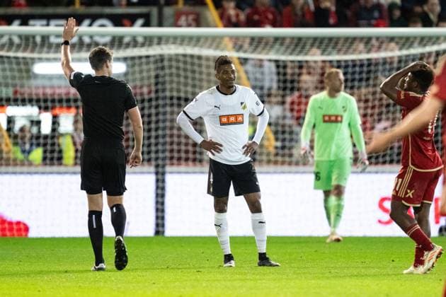 230831 Häckens Franklin Degaulle Tebo Uchenna during the UEFA Europa League play-off between Aberdeen and Häcken on August 31, 2023 in Aberdeen. Photo: Daniel Stiller BILDBYRAN kod DS DS0328 fotboll football soccer fotball uefa europa league aberdeen häcken bbeng bbauto depp Copyright: DANIELxSTILLER BB230831DS042