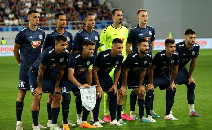15.08.2023 Backa Topola(Serbia) FK TSC Backa Topola Topolya Europa League MozzartBet Super Liga men s football TSC Backa Topola Topolya team L-R above: Marko Rakonjac,Petar Stanic,Dusan Cvetinovic,Nikola Simic,Nikola Kuveljic, Down: Josip Calusic,Nemanja Petrovic,Sasa Jovanovic,Milan Radin,Stefan Pantovic,Mateja Djordjevic :