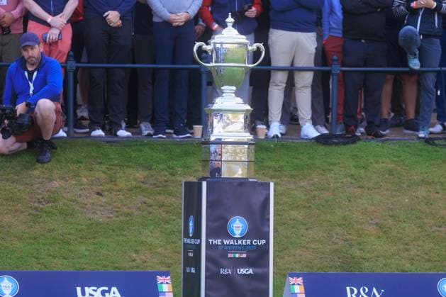2nd September 2023; Old Course at St Andrews, St Andrews, Fife, Scotland; Walker Cup, Great Britain and Ireland versus USA, First Round; The Walker Cup displayed on the first tee ahead of play  ActionPlus12549233 DavidxYoung