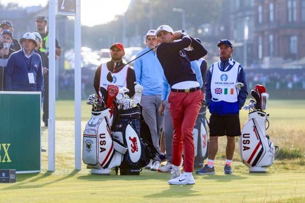 2nd September 2023; Old Course at St Andrews, St Andrews, Fife, Scotland; Walker Cup, Great Britain and Ireland versus USA, First Round; Gordon Sargent of the United States of America tees off on the second hole during the opening foursomes match  ActionPlus12549239 DavidxYoung