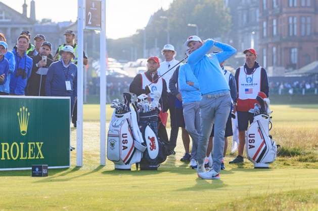2nd September 2023; Old Course at St Andrews, St Andrews, Fife, Scotland; Walker Cup, Great Britain and Ireland versus USA, First Round; Mark Power of Great Britain and Ireland tees off on the second hole during the opening foursomes match  ActionPlus12549240 DavidxYoung