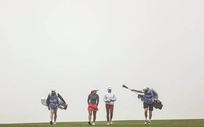 2023 KPMG Women s Irish Open, Dromoland Castle, Clare 2 9 2023 Germany™s Kreuzer and Kauffmann walk down the 6th in the foggy conditions Marianne Skarpnord on the 6th green 2 9 2023  Copyright: x INPHO BenxBradyx BST_7976