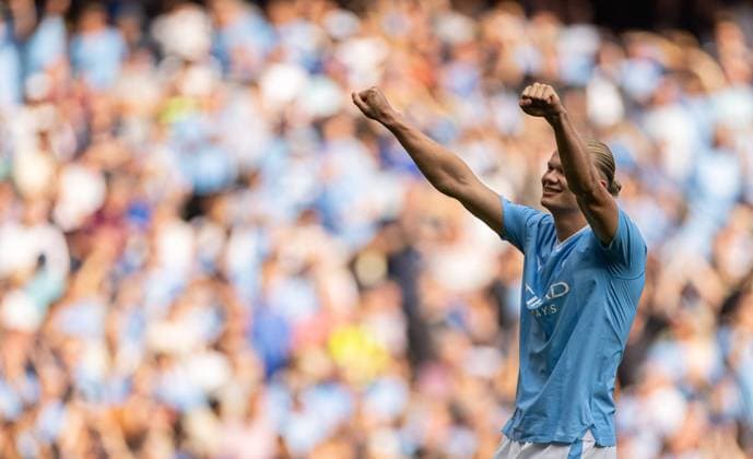 Sport Bilder des Tages Football - FA Premier League - Manchester City FC v Fulham FC MANCHESTER, ENGLAND - Saturday, September 2, 2023: Manchester City s Erling Haaland celebrates after scoring the fourth goal during the FA Premier League match between Manchester City FC and Fulham FC at the City of Manchester Stadium. MANCHESTER City of Manchester Stadium GREATER MANCHESTER ENGLAND  Copyright: xDavidxRawcliffex P2023-09-02-Man_City_Fulham-49