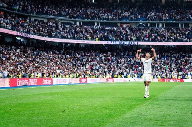 Spanish football La Liga match - Real Madrid vs Getafe Jude Bellingham (Real Madrid) celebrate the victory at the end of the LaLiga EA Sports football match between Real Madrid vs Getafe played at Bernabeu stadium on September 02, 2023 in Madrid, Spain Madrid Spain  Copyright: xIPAxSport ABACAx BRIPASport20230902_969 IPAxSport ABACAx BRIPASport20230902_969