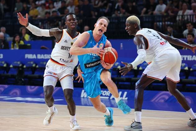 (L to R) Dennis Schroder (GER), Klemen Prepelic (SLO), Isaac Bonga (GER), SEPTEMBER 3, 2023 - Basketball : FIBA Basketball World Cup 2023 2nd Round Group K match between Germany - Slovenia at Okinawa Arena, Okinawa, Japan.  (228067006)