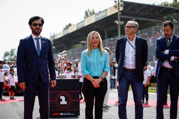 BEN SULAYEM Mohammed (uae), President of the FIA, portrait with Italian prime minister Meloni Giorgia and DOMENICALI Stefano (ita), Chairman and CEO Formula One Group FOG during the 2023 Formula 1 Pirelli Grand Premio d™Italia Grand Prix, 14th round of the 2023 Formula One World Championship, WM, Weltmeisterschaft from September 1 to 3, 2023 on the Autodromo Nazionale di Monza, in Monza, Italy - F1 - ITALIAN GRAND PRIX 2023 - RACE DPPI Panoramic  _R3_9533