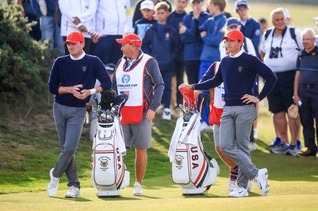 3rd September 2023; Old Course at St Andrews, St Andrews, Fife, Scotland; Walker Cup, Final Round; Nick Dunlap and Gordon Sargent of the United States of America stand on the fourth fairway on the Old Course, St Andrews, during a foursomes match  ActionPlus12550349 DavidxYoung