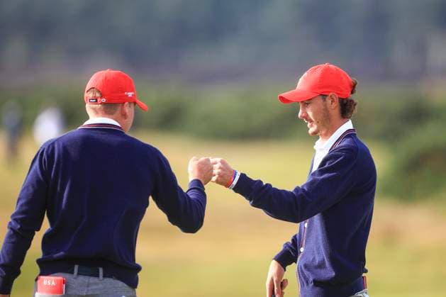 3rd September 2023; Old Course at St Andrews, St Andrews, Fife, Scotland; Walker Cup, Final Round; Preston Summerhays and Nick Gabrelcik of the United States of America celebrate after winning the fourth hole on the Old Course, St Andrews, during a foursomes match  ActionPlus12550359 DavidxYoung