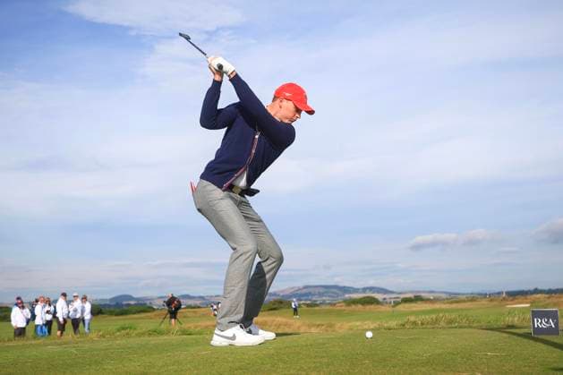 3rd September 2023; Old Course at St Andrews, St Andrews, Fife, Scotland; Walker Cup, Final Round; Preston Summerhays of the United States of America tees off on the sixth hole on the Old Course, St Andrews, during a foursomes match  ActionPlus12550364 DavidxYoung