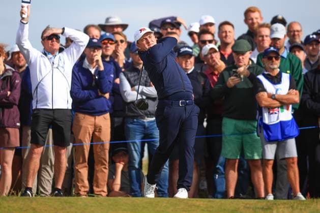 3rd September 2023; Old Course at St Andrews, St Andrews, Fife, Scotland; Walker Cup, Final Round; John Gough of Great Britain and Ireland tees off on the twelfth hole on the Old Course, St Andrews, during a foursomes match  ActionPlus12550379 DavidxYoung