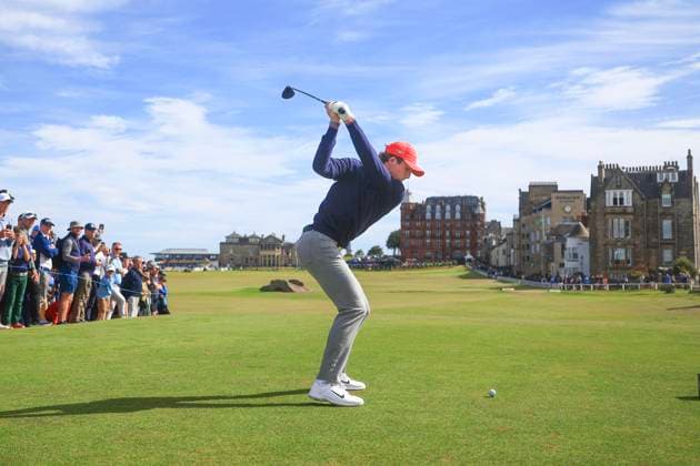 3rd September 2023; Old Course at St Andrews, St Andrews, Fife, Scotland; Walker Cup, Final Round; Gordon Sargent of the United States of America tees off on the eighteenth hole on the Old Course, St Andrews, during a foursomes match  ActionPlus12550401 DavidxYoung
