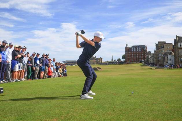 3rd September 2023; Old Course at St Andrews, St Andrews, Fife, Scotland; Walker Cup, Final Round; Connor Graham of Great Britain and Ireland tees off on the eighteenth hole on the Old Course, St Andrews, during a foursomes match  ActionPlus12550402 DavidxYoung