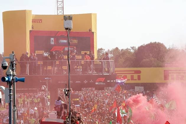 FORMULA 1 PIRELLI GRAN PREMIO D ITALIA 2023 03.09.2023, Autodromo Nazionale di Monza, Monza, FORMULA 1 PIRELLI GRAN PREMIO D ITALIA 2023 ,im Bild Sieger Max Verstappen (NLD), Oracle Red Bull Racing, 2.Platz für Sergio Perez (MEX), Oracle Red Bull Racing, 3.Platz für Carlos Sainz Jr. (ESP), Scuderia Ferrari