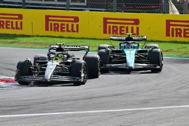 44 Lewis Hamilton (GBR, Mercedes-AMG Petronas F1 Team), 14 Fernando Alonso (ESP, Aston Martin Aramco Cognizant F1 Team), F1 Grand Prix of Italy at Autodromo Nazionale Monza on September 3, 2023 in Monza, Italy. (Photo by HOCH ZWEI) Monza Italy