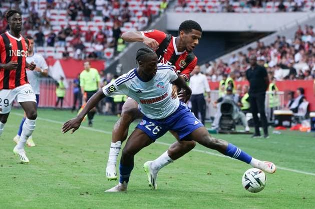 Dilane Bakwa (RC Strasbourg) - Jean Clair Todibo (OGC Nice) FOOTBALL : OGC Nice vs RC Strasbourg - Ligue 1 Uber Eats - Nice - 03 09 2023 NorbertScanella Panoramic 