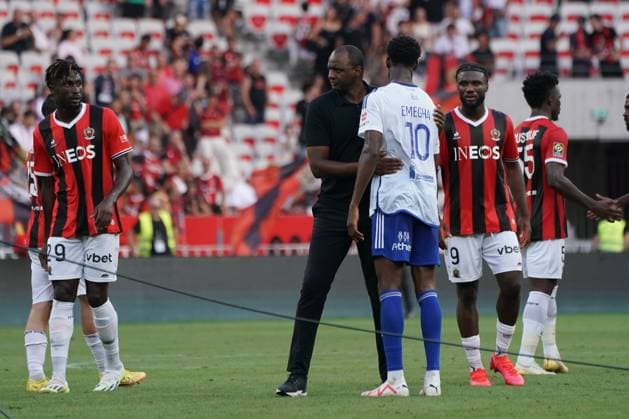 Patrick Vieira (Entraineur du RC Strasbourg) - Emanuel Emegha (RC Strasbourg) FOOTBALL : OGC Nice vs RC Strasbourg - Ligue 1 Uber Eats - Nice - 03 09 2023 NorbertScanella Panoramic 