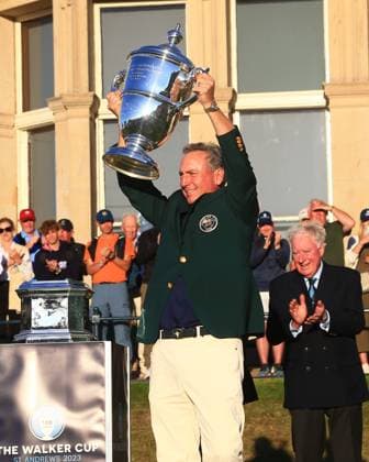 3rd September 2023; Old Course at St Andrews, St Andrews, Fife, Scotland; Walker Cup, Final Round; USA captain Mike McCoy lifts the Walker Cup  ActionPlus12550615 DavidxYoung