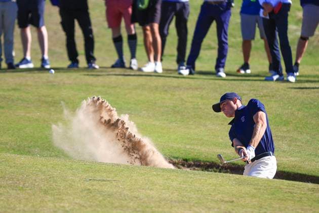 3rd September 2023; Old Course at St Andrews, St Andrews, Fife, Scotland; Walker Cup, Final Round; Austin Greaser of the United States of America plays from a bunker on the fifth hole on the Old Course, St Andrews, during his singles match  ActionPlus12550622 DavidxYoung