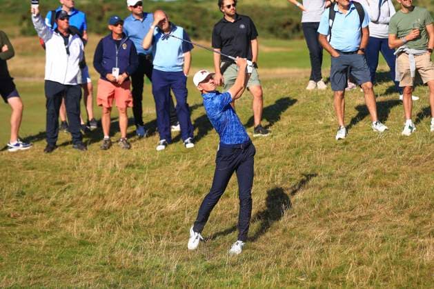 3rd September 2023; Old Course at St Andrews, St Andrews, Fife, Scotland; Walker Cup, Final Round; Calum Scott of Great Britain and Ireland plays from the rough on the sixteenth hole on the Old Course, St Andrews, during his singles match  ActionPlus12550624 DavidxYoung