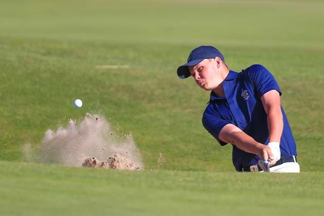 3rd September 2023; Old Course at St Andrews, St Andrews, Fife, Scotland; Walker Cup, Final Round; Caleb Surratt of the United States of America plays from a bunker on the fourteenth hole on the Old Course, St Andrews, during a singles match  ActionPlus12550633 DavidxYoung