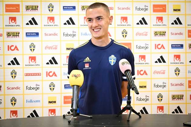 STOCKHOLM 20230905 Gustaf Lagerbielke under en pressträff med fotbollslandslaget inför EM-kvalet mot Estland. STOCKHOLM SVERIGE x10060x