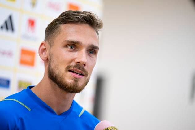 SOLNA 20230907 Linus Wahlqvist Egnell vid dagens pressträff pa Friends arena inför landskapen och EM kval matchen borta mot Estland. SOLNA SVERIGE x10050x