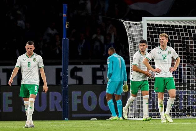 UEFA EURO, EM, Europameisterschaft,Fussball 2024 Qualifying Round Group B, Parc des Princes, Paris, France 7 9 2023 France vs Republic of Ireland Ireland s Alan Browne, John Egan and Nathan Collins Alan Browne, John Egan and Nathan Collins dejected after conceding a goal 7 9 2023  Copyright: x INPHO RyanxByrnex RB1_0803
