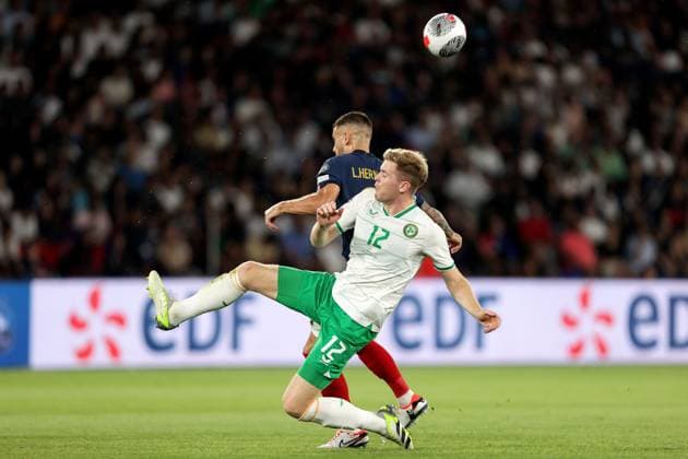 UEFA EURO, EM, Europameisterschaft,Fussball 2024 Qualifying Round Group B, Parc des Princes, Paris, France 7 9 2023 France vs Republic of Ireland Ireland s Nathan Collins and Lucas Hernandez of France Nathan Collins and Lucas Hernandez 7 9 2023  Copyright: x INPHO LaszloxGeczox LG_01886