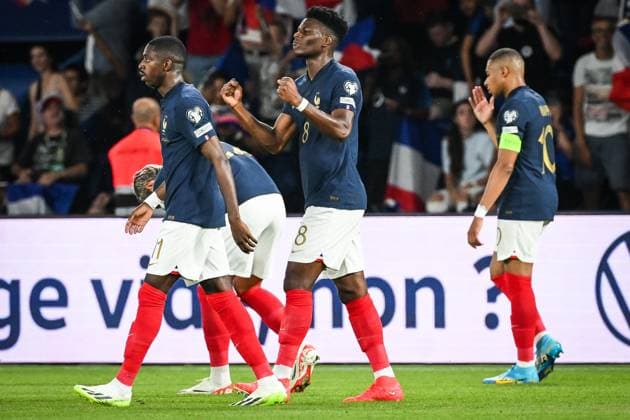 September 7, 2023, Saint-Denis, France, France: Aurelien TCHOUAMENI of France celebrate his goal with Ousmane DEMBELE of France and Kylian MBAPPE of France during the UEFA EURO, EM, Europameisterschaft,Fussball 2024 European Qualifiers Group B match between France and Republic of Ireland at Parc des Princes Stadium on September 07, 2023 in Paris, France. Saint-Denis France - ZUMAm308 20230907_zsp_m308_002 Copyright: xMatthieuxMirvillex