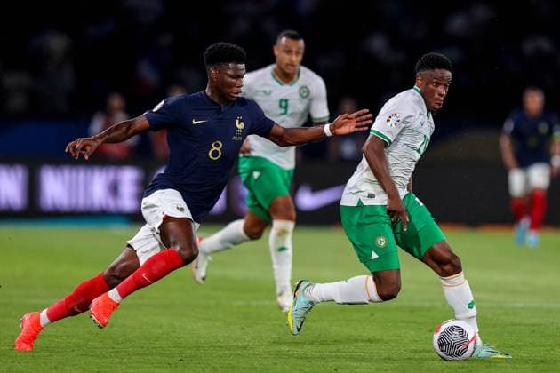 UEFA EURO, EM, Europameisterschaft,Fussball 2024 Qualifying Round Group B, Parc des Princes, Paris, France 7 9 2023 France vs Republic of Ireland France s Aurelien Tchouameni and Ireland s Chiedozie Ogbene Aurelien Tchouameni and Chiedozie Ogbene 7 9 2023  Copyright: x INPHO RyanxByrnex RB1_1400
