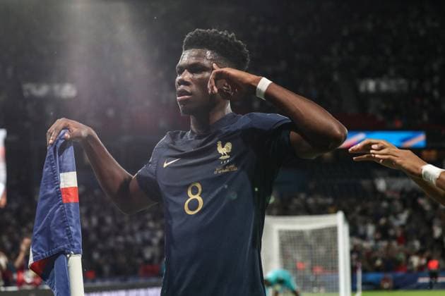 France - UEFA EURO, EM, Europameisterschaft,Fussball 2024 - France vs Republic of Ireland - 07 09 2023 FRANCE, PARIS, SEPTEMBER 7,2023. Aurelien Tchouameni of France celebrates after scoring a goal during the UEFA EURO 2024 Championship qualifying group B match between France and Republic of Ireland on September 7, 2023 at Parc des Princes in Paris, France. Photo by Manuel Blondeau AOP.Press Paris Parc des Princes France Copyright: x ManuelxBlondeau AOP.Pressx AOP20230907 004