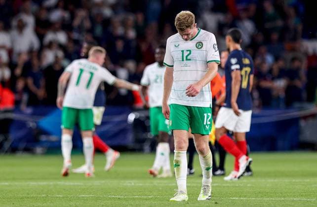 UEFA EURO, EM, Europameisterschaft,Fussball 2024 Qualifying Round Group B, Parc des Princes, Paris, France 7 9 2023 France vs Republic of Ireland Ireland s Nathan Collins Nathan Collins dejected after the game 7 9 2023  Copyright: x INPHO RyanxByrnex RB1_3947