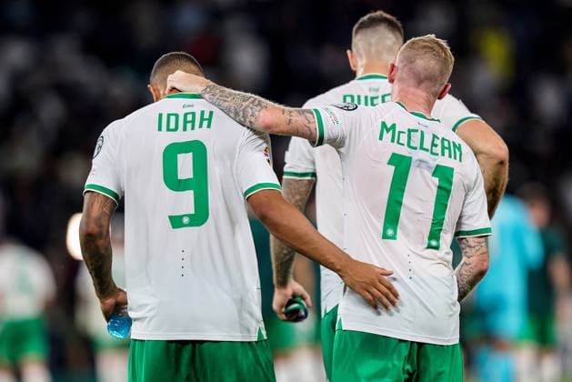 UEFA EURO, EM, Europameisterschaft,Fussball 2024 Qualifying Round Group B, Parc des Princes, Paris, France 7 9 2023 France vs Republic of Ireland Ireland s Adam Idah and James McClean Adam Idah and James McClean after the game 7 9 2023  Copyright: x INPHO RyanxByrnex RB1_4427