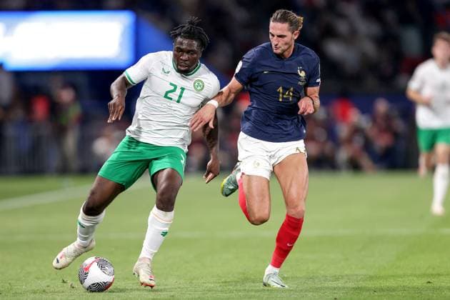 UEFA EURO, EM, Europameisterschaft,Fussball 2024 Qualifying Round Group B, Parc des Princes, Paris, France 7 9 2023 France vs Republic of Ireland Ireland s Festy Ebosele and Adrien Rabiot of France Festy Ebosele and Adrien Rabiot 7 9 2023  Copyright: x INPHO LaszloxGeczox LG_07110