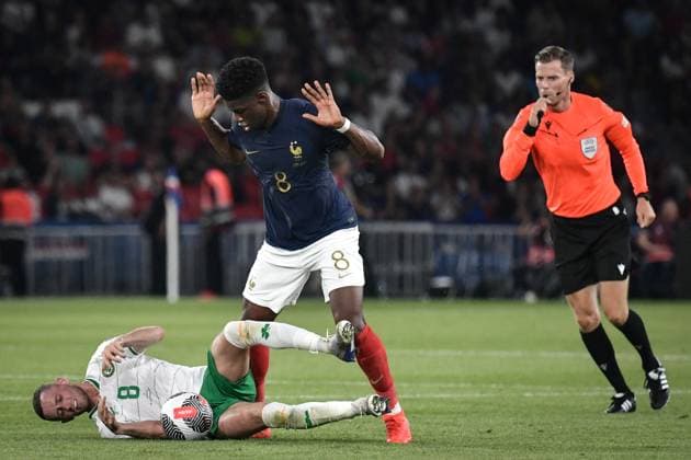 Euro Qualifiers - France v Ireland French midfielder Aurelien Tchouameni (up) reacts after tackling Irish midfielder Alan Browne during the UEFA EURO, EM, Europameisterschaft,Fussball 2024 qualification football match between France and Ireland at the Parc des Princes stadium in Paris on September 7, 2023. Photo by Firas Abdullah ABACAPRESS.COM Paris Ã?le-de-France France  Copyright: xAbdullahxFiras ABACAx 866752_048 AbdullahxFiras ABACAx 866752_048