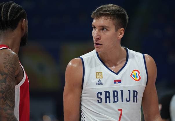 (230908) -- MANILA, Sept. 8, 2023 -- Serbia s Bogdan Bogdanovic (R) reacts during the semifinal between Serbia and Canada at the 2023 FIBA World Cup in Manila, the Philippines, Sept. 8, 2023. ) (SP)PHILIPPINES-MANILA-BASKETBALL-FIBA WORLD CUP-SEMIFINAL-SRB VS CAN MengxYongmin 