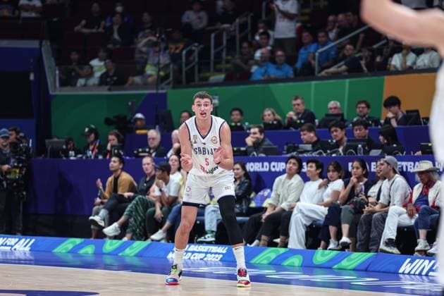 (230908) -- MANILA, Sept. 8, 2023 -- Serbia s Nikola Jovic reacts during the semifinal between Serbia and Canada at the 2023 FIBA World Cup in Manila, the Philippines, Sept. 8, 2023. ) (SP)PHILIPPINES-MANILA-BASKETBALL-FIBA WORLD CUP-SEMIFINAL-SRB VS CAN WuxZhuang 