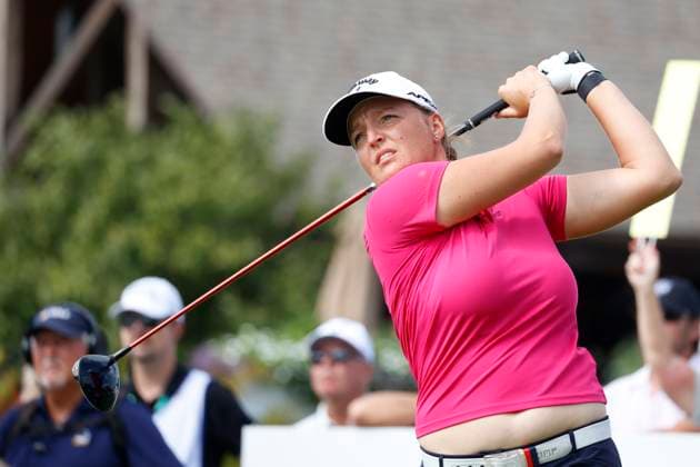 CINCINNATI, OH - SEPTEMBER 08: LPGA, Golf Damen golfer Perrine Delacour hits her tee shot on the 10th hole during the second round of the Kroger Queen City Championship at the Kenwood Country Club in Cincinnati, Ohio. (Photo by Brian Spurlock Icon Sportswire) GOLF: SEP 08 LPGA Kroger Queen City Championship EDITORIAL USE ONLY Icon230908058