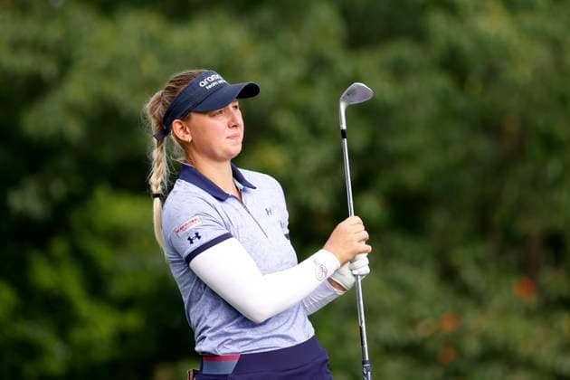 CINCINNATI, OH - SEPTEMBER 08: LPGA, Golf Damen golfer Emily Kristine Pedersen plays her tee shot on the 14th hole during the second round of the Kroger Queen City Championship at the Kenwood Country Club in Cincinnati, Ohio. (Photo by Brian Spurlock Icon Sportswire) GOLF: SEP 08 LPGA Kroger Queen City Championship EDITORIAL USE ONLY Icon230908107