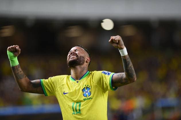 (230909) -- BELEM, Sept. 9, 2023 -- Brazil s Neymar celebrates during the 2026 World Cup qualifier match between Brazil and Bolivia at the Olympic Stadium of Para in Belem, capital of the State of Para, Brazil, on Sept. 8, 2023. (Photo by Xinhua) (SP)BRAZIL-BELEM-FOOTBALL-2026 FIFA World Cup, WM, Weltmeisterschaft, Fussball QUALIFIERS-BRAZIL VS BOLIVIA LucioxTavora 
