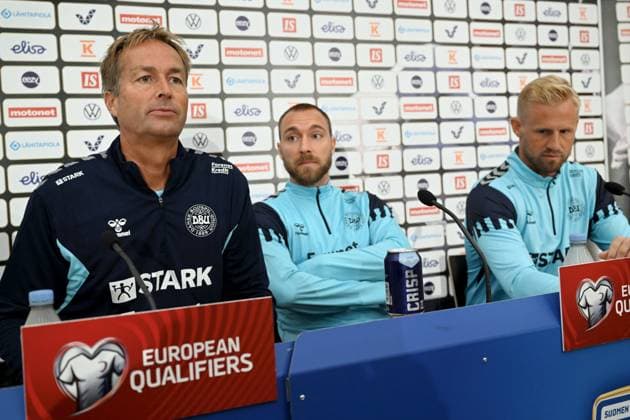 Head coach Kasper Hjulman (L to R), midfielder Christian Eriksen and goalkeeper Kasper Schmeichel of Team Denmark during the international press conference, PK, Pressekonferenz of Denmark in Helsinki, Finland, on September 9, 2023 on the eve of the UEFA EURO, EM, Europameisterschaft,Fussball 2024 football qualifying match against Finland. Helsinki Finland LKFTJK20230909160604DYAS  Copyright: xVesaxMoilanenx LKFTJK20230909160604DYAS
