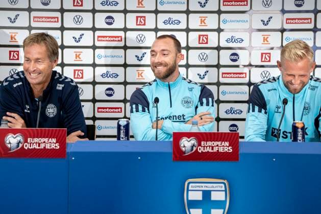 Danish coach Kasper Hjulmand (L) and players Christian Eriksen (C) and Kasper Schmeichel reacts during a press conference, PK, Pressekonferenz before the Euro 2024 group H qualifying match against Finland in Helsinki, Finland, Saturday September 9, 2023.. , Denmark Copyright: RitzauxScanpix MadsxClausxRasmussenx COP14470 spdk20230909-152445-L