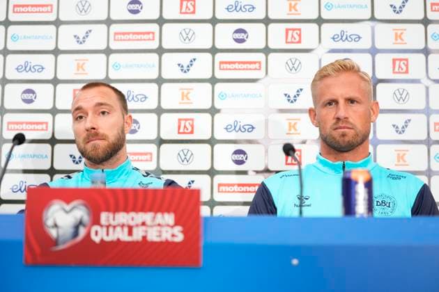 - -DATE CORRECTED- -Denmark players Christian Eriksen (L) and Kasper Schmeichel during a press conference, PK, Pressekonferenz before the Euro 2024 group H qualifying match against Finland in Helsinki, Finland, Saturday September 9, 2023.. , Helsinki Denmark Copyright: MadsxClausxRasmussenx COP14470 spdk20230909-150638-L