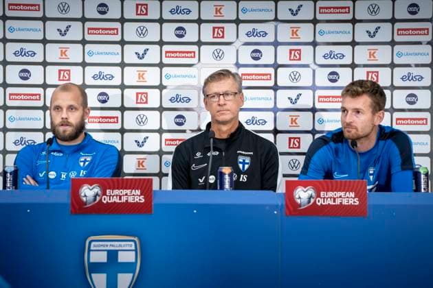 Finnish striker Teemu Pukki, head coach Markku Kanerva and goalkeeper Lukas Hradecky (seen from left) speaks during a press conference, PK, Pressekonferenz before the Euro 2024 group H qualifying match against Denmark in Helsinki, Finland, Saturday September 9, 2023. , Denmark Copyright: RitzauxScanpix MadsxClausxRasmussenx spdk20230909-165855-L