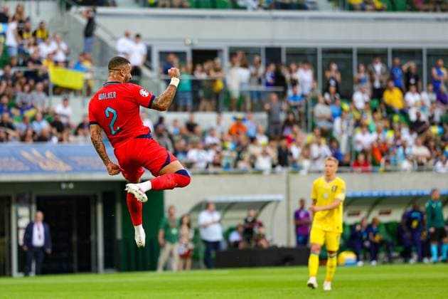 Ukraine v England UEFA European 2024 Qualifier 09 09 2023. Goal 1-1 Kyle Walker (12) of England scores a goal and celebrates during the UEFA European 2024 Qualifier match between Ukraine and England at Wroclaw Stadium, Wroclaw, Poland on 9 September 2023. Editorial use only , Copyright: xNigelxKeenex PSI-17984-0005