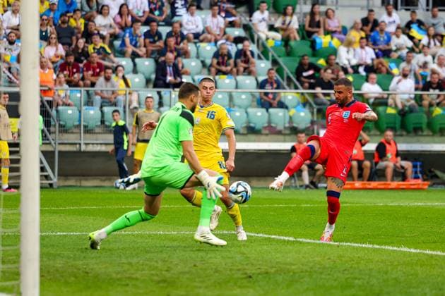 Ukraine v England UEFA European 2024 Qualifier 09 09 2023. Goal 1-1 Kyle Walker (12) of England scores a goal during the UEFA European 2024 Qualifier match between Ukraine and England at Wroclaw Stadium, Wroclaw, Poland on 9 September 2023. Editorial use only , Copyright: xNigelxKeenex PSI-17984-0006