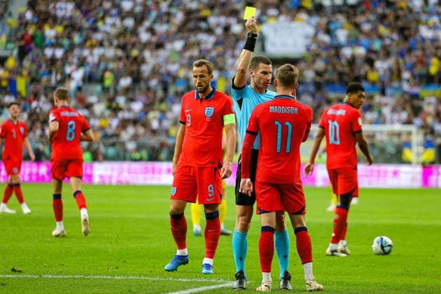 Ukraine v England UEFA European 2024 Qualifier 09 09 2023. James Maddison (11) of England gets a yellow card during the UEFA European 2024 Qualifier match between Ukraine and England at Wroclaw Stadium, Wroclaw, Poland on 9 September 2023. Editorial use only , Copyright: xNigelxKeenex PSI-17984-0009