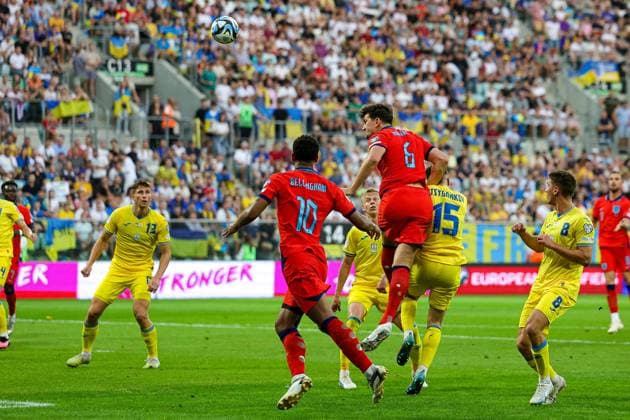 Ukraine v England UEFA European 2024 Qualifier 09 09 2023. Harry Maguire (6) of England heads towards goal during the UEFA European 2024 Qualifier match between Ukraine and England at Wroclaw Stadium, Wroclaw, Poland on 9 September 2023. Editorial use only , Copyright: xNigelxKeenex PSI-17984-0014
